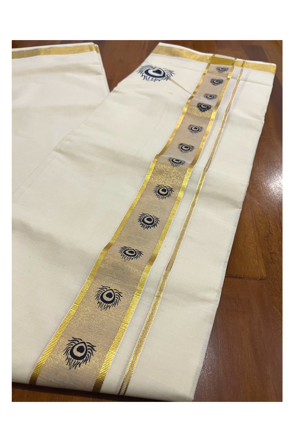 Pure Cotton Off White Double Mundu with Blue Block Prints on Kasavu Kara (South Indian Dhoti)