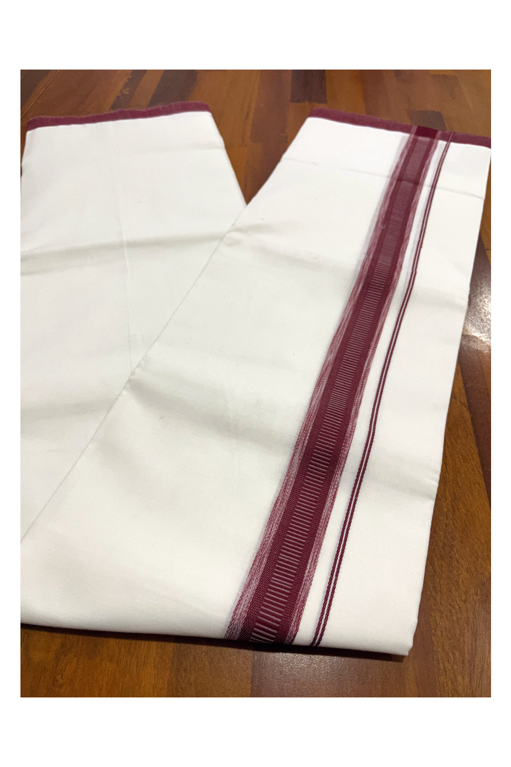 Pure White Cotton Double Mundu with Purple Border (South Indian Dhoti)