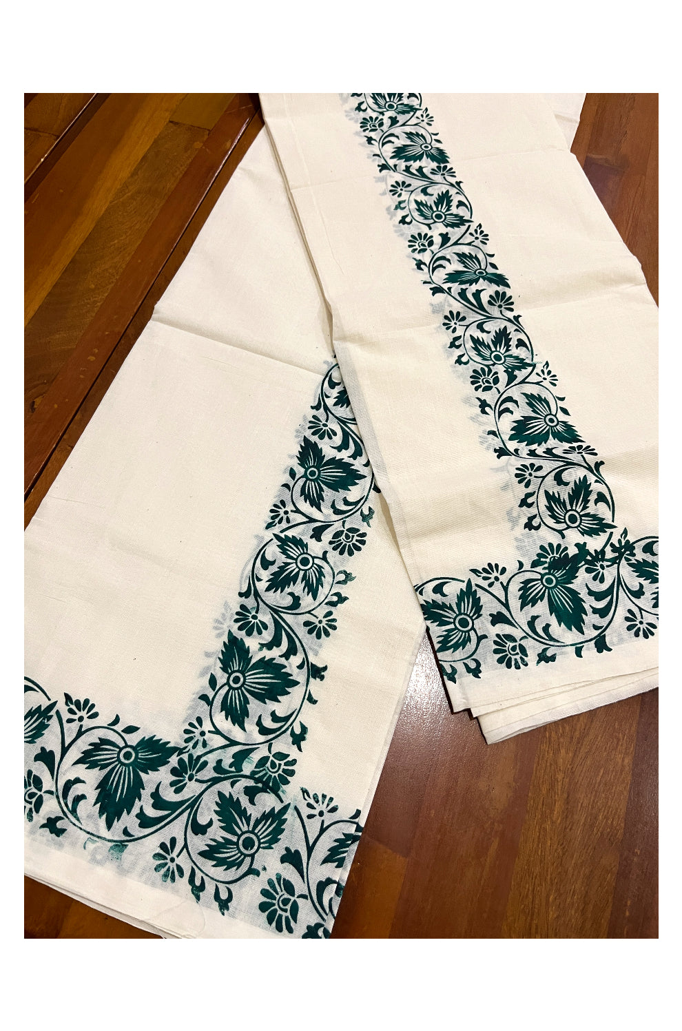 Kerala Cotton Set Mundu (Mundum Neriyathum) with Green Floral Block Prints on Border 2.80 Mtrs