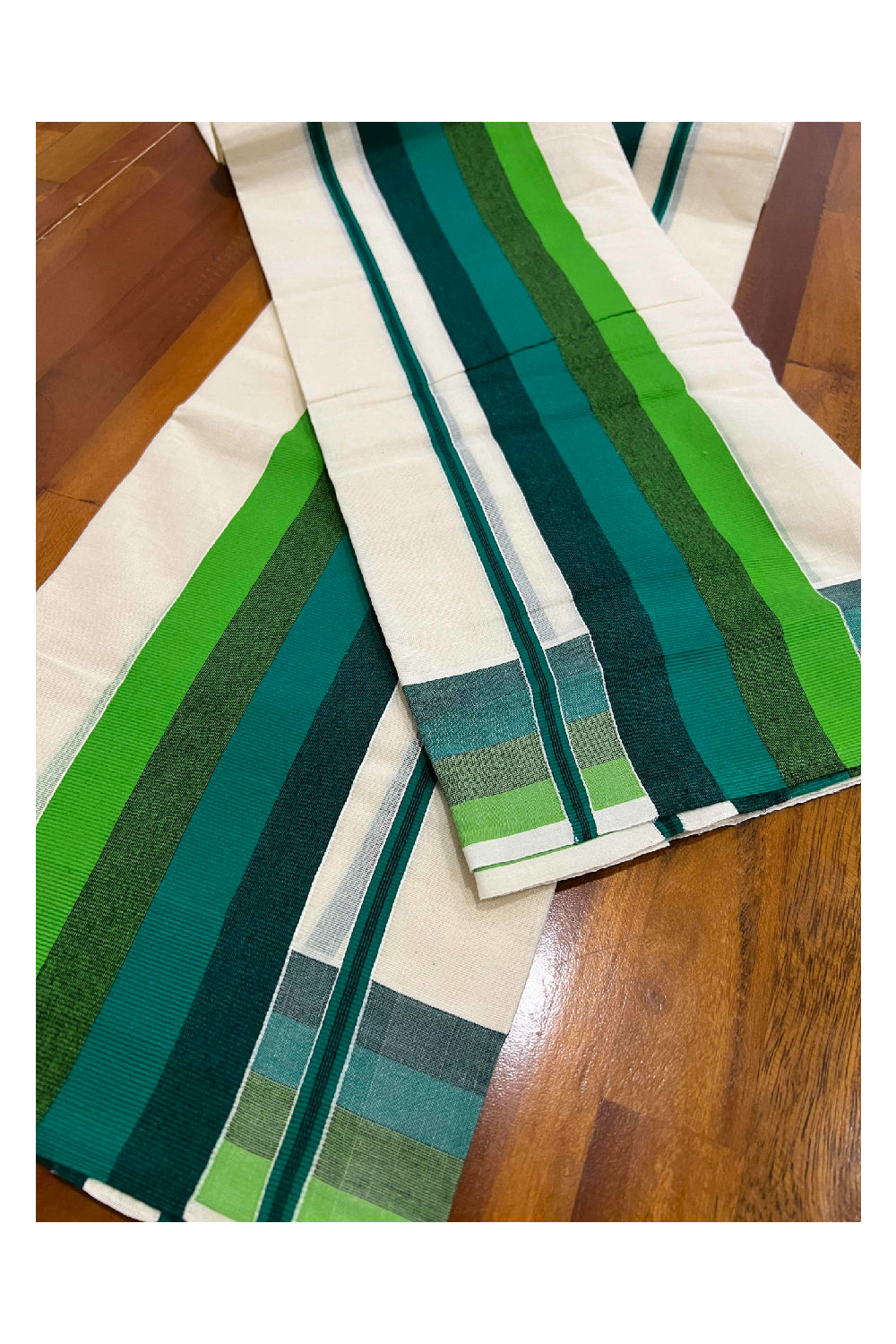 Kerala Cotton Mundum Neriyathum Single (Set Mundu) with Green Lines Border 2.80 Mtrs