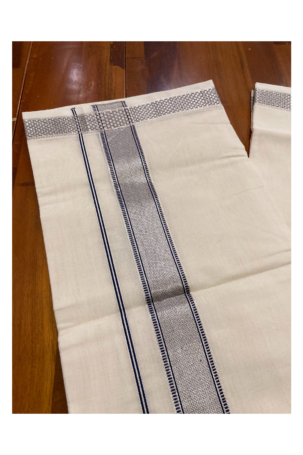 Southloom Premium Handloom Pure Cotton Mundu with Silver Kasavu and Navy Blue Design Border (South Indian Dhoti)