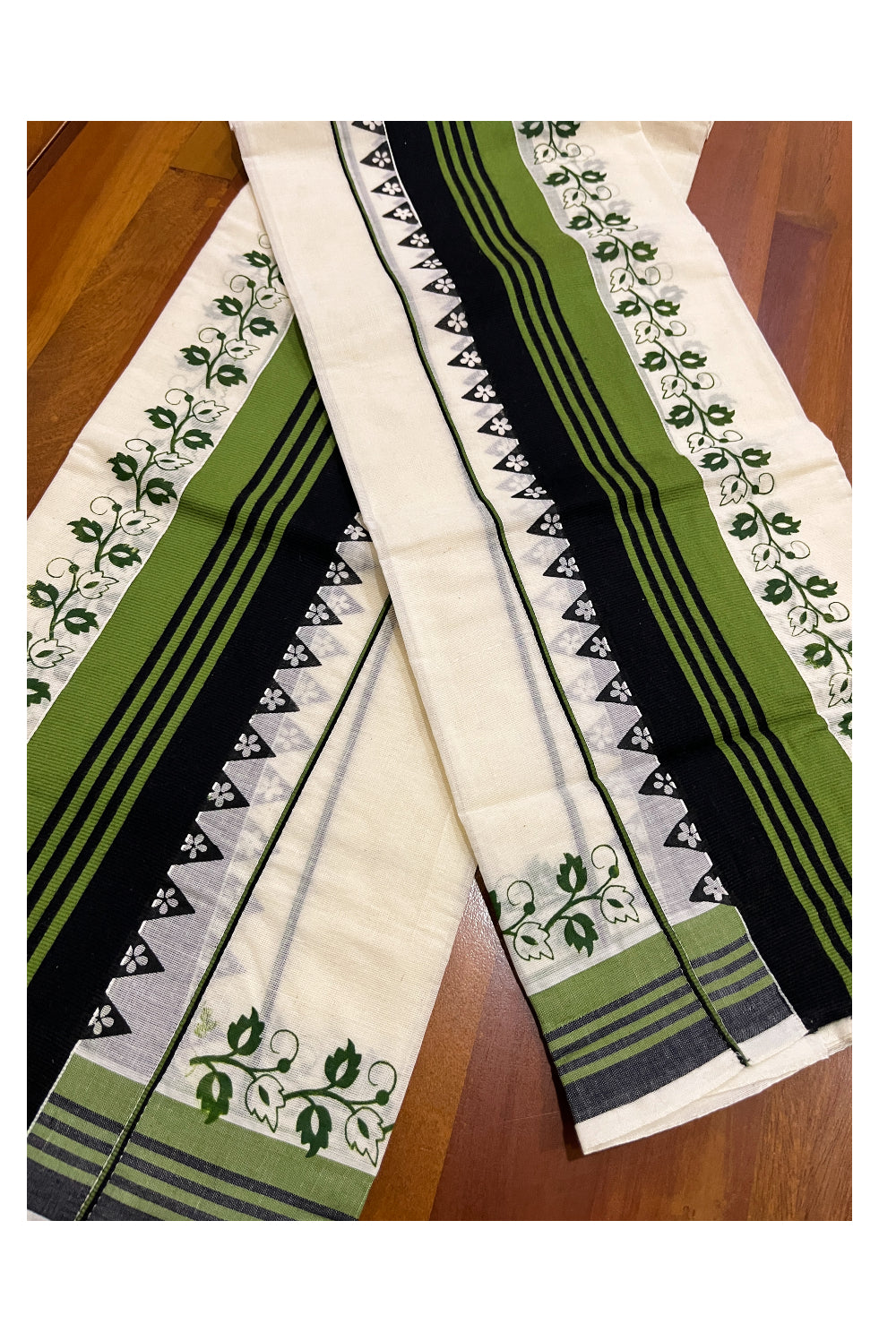 Kerala Cotton Set Mundu (Mundum Neriyathum) with Floral Prints on Green Black Border