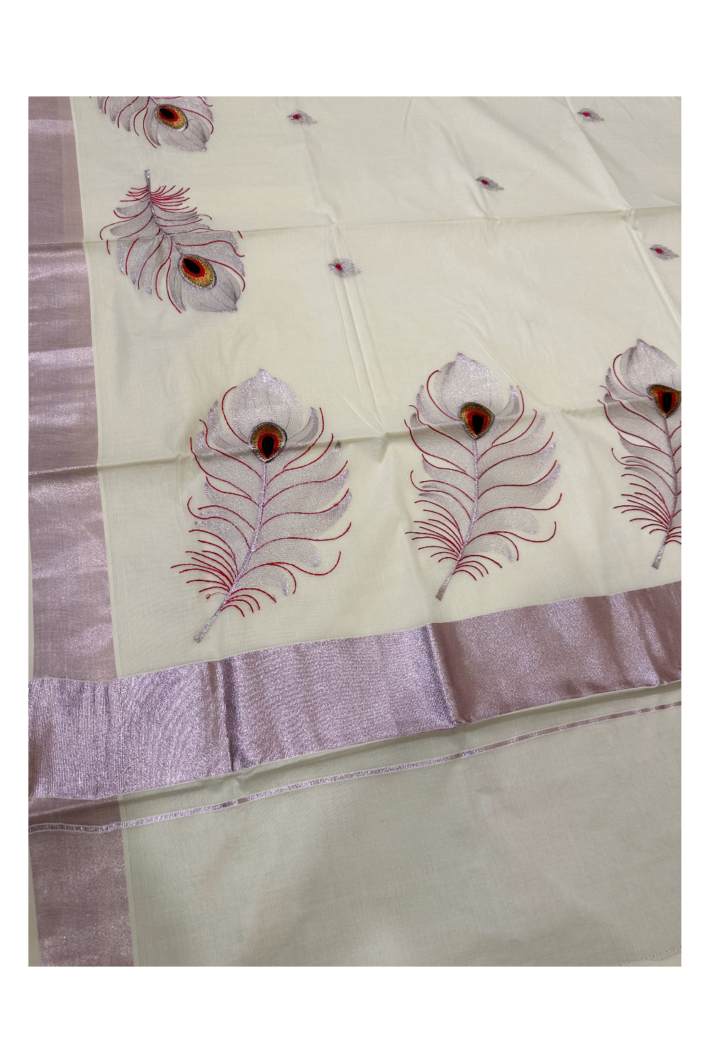 Kerala Rose Copper Kasavu Cotton Saree with Feather Embroidery Works