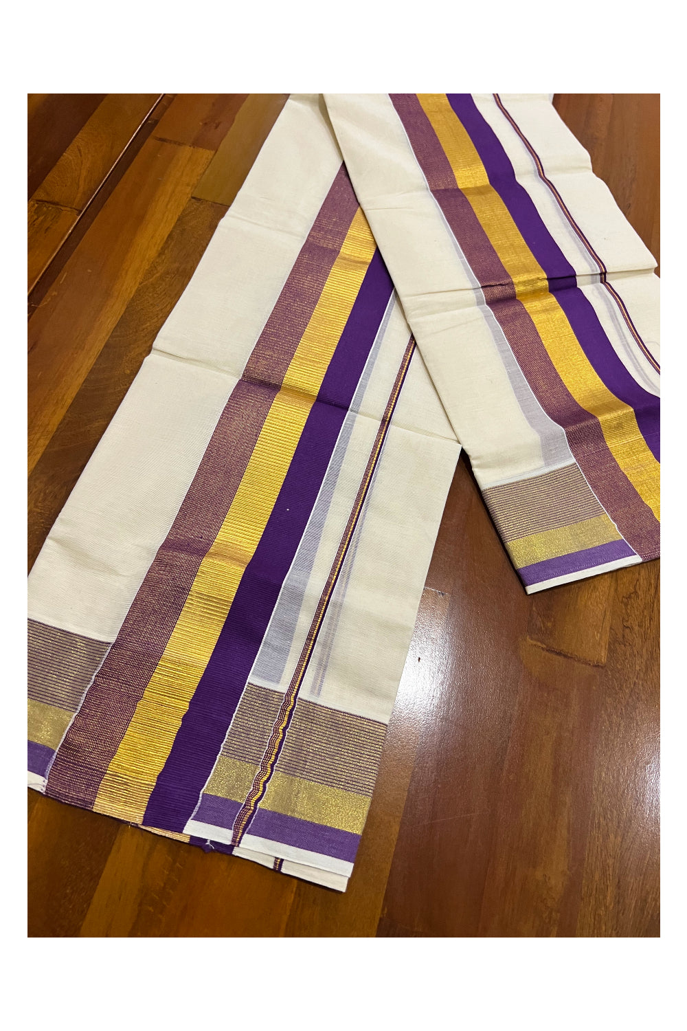 Pure Cotton Kerala Single Set Mundu (Mundum Neriyathum) with Violet and Kasavu Border 2.80 Mtrs