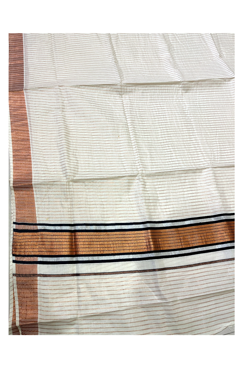 Pure Cotton Kerala Saree with Copper Lines Across Body and Silver Black Pallu