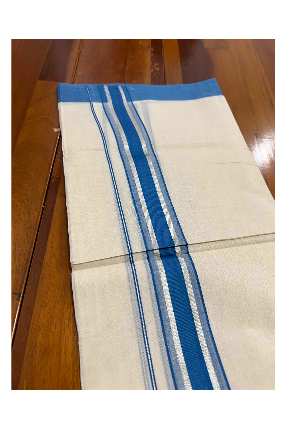 Off White Kerala Double Mundu with Silver Kasavu and Blue Border (South Indian Dhoti)