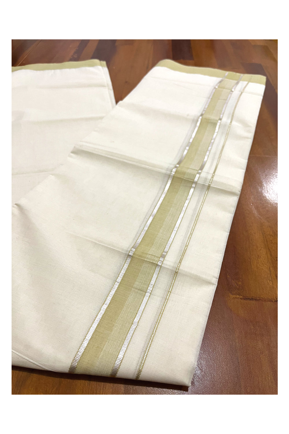 Pure Cotton Off White Double Mundu with Silver Kasavu and Green Border (South Indian Dhoti)