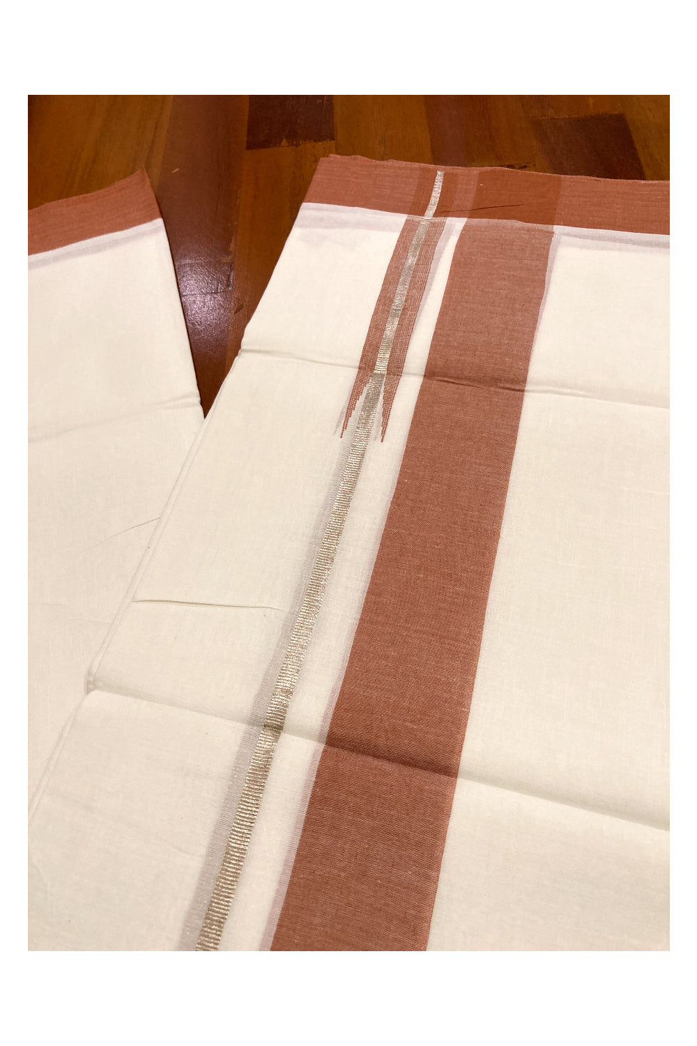 Pure White Kerala Cotton Double Mundu with Silver Kasavu and Dark Orange Border (South Indian Dhoti)