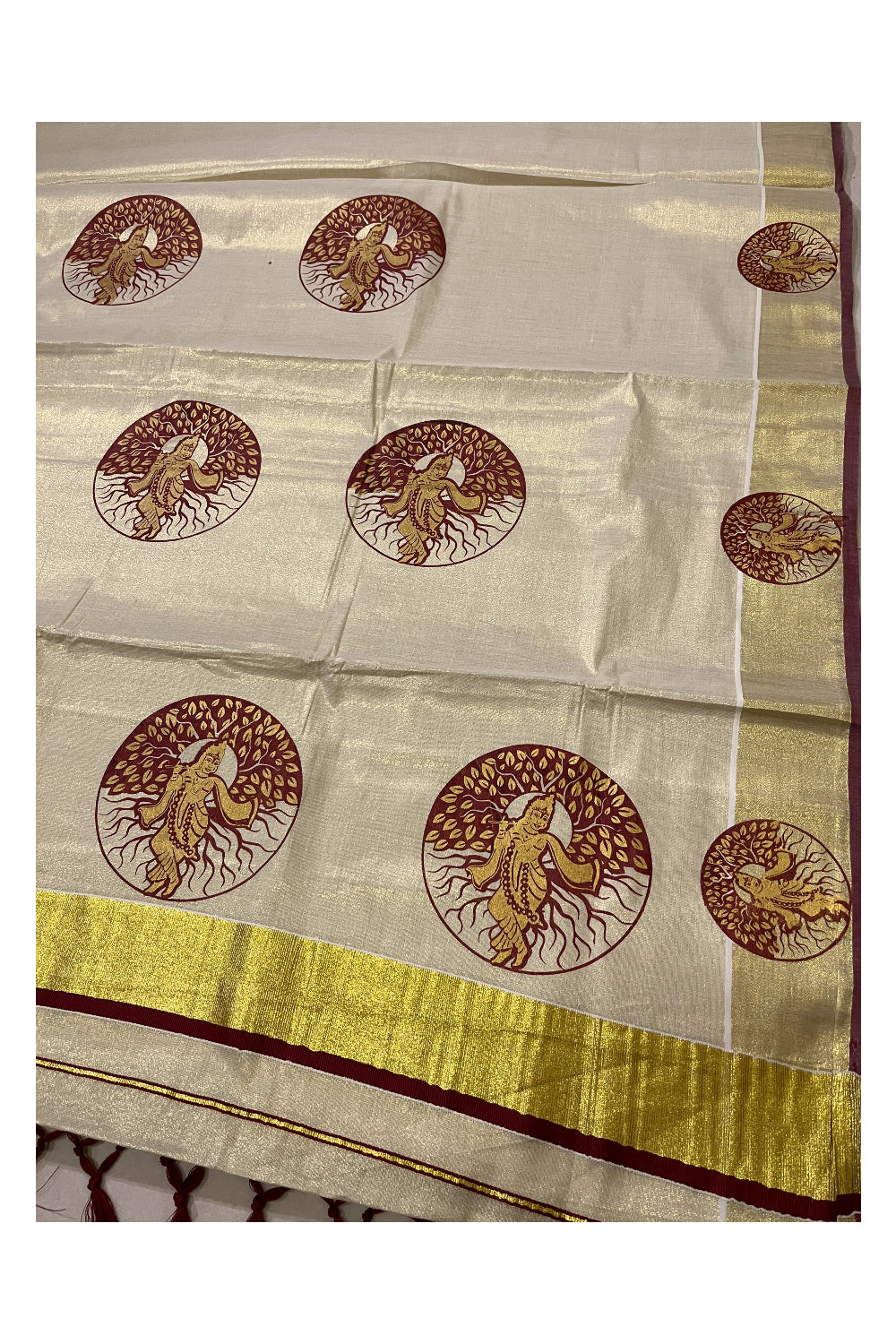 Kerala Tissue Kasavu Maroon Golden Krishna Block Printed Design Saree