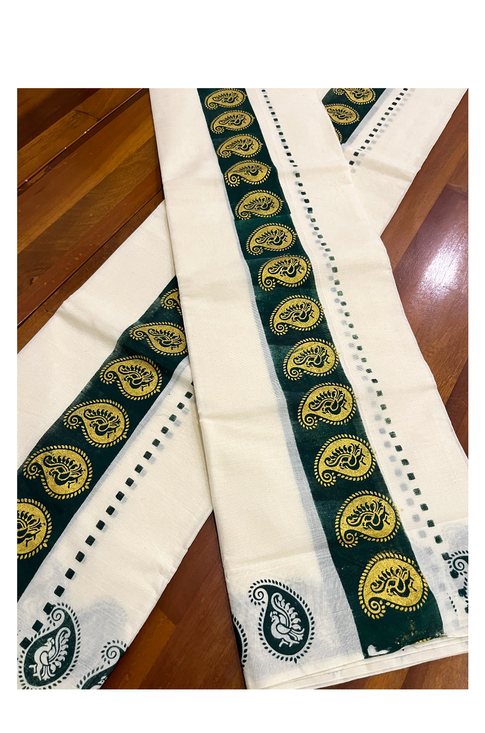 Kerala Cotton Set Mundu (Mundum Neriyathum) with Golden Paisley Block Prints on Green Border 2.80 Mtrs