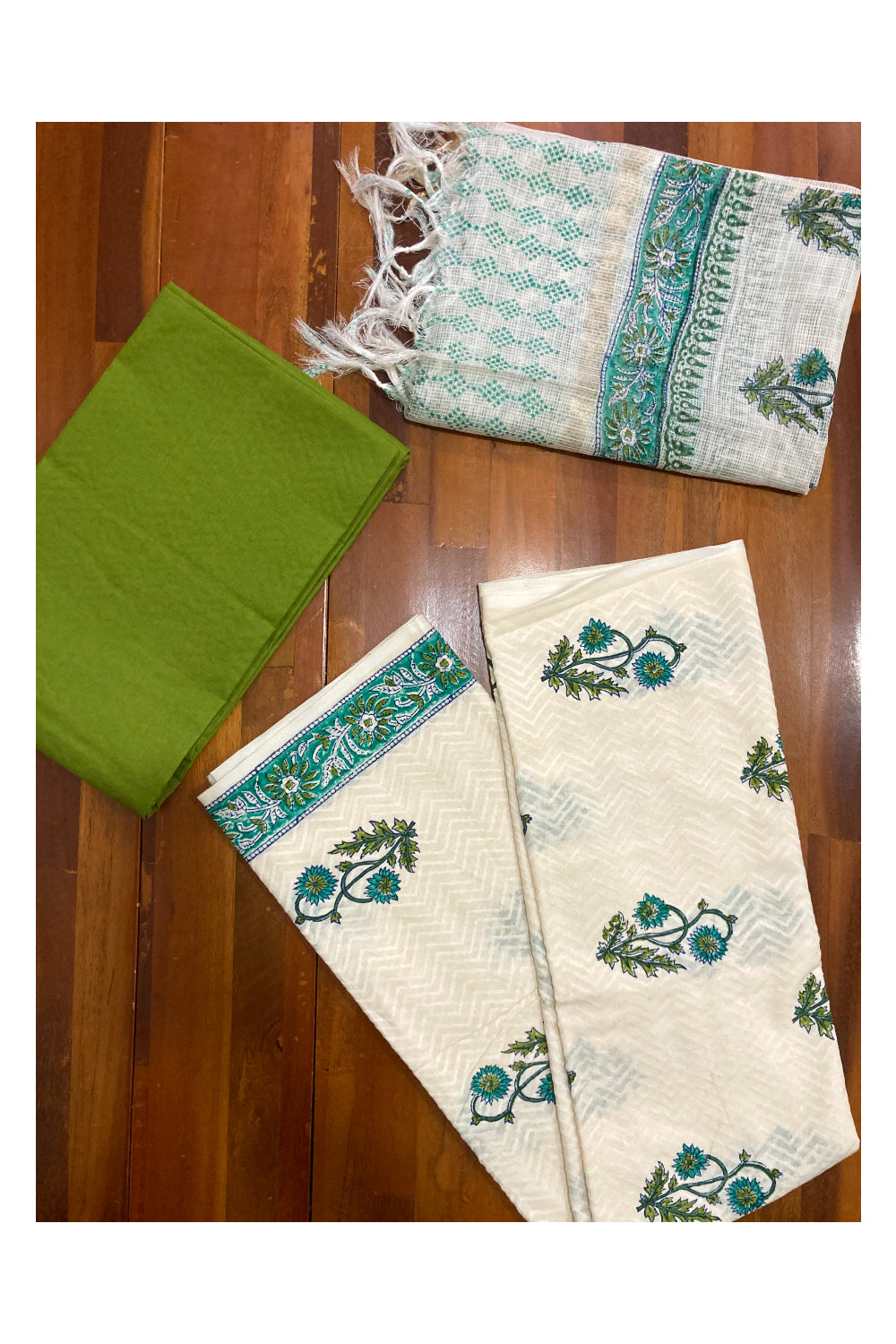 Southloom™ Cotton Churidar Salwar Suit Material in Off White with Green Floral Printed Design