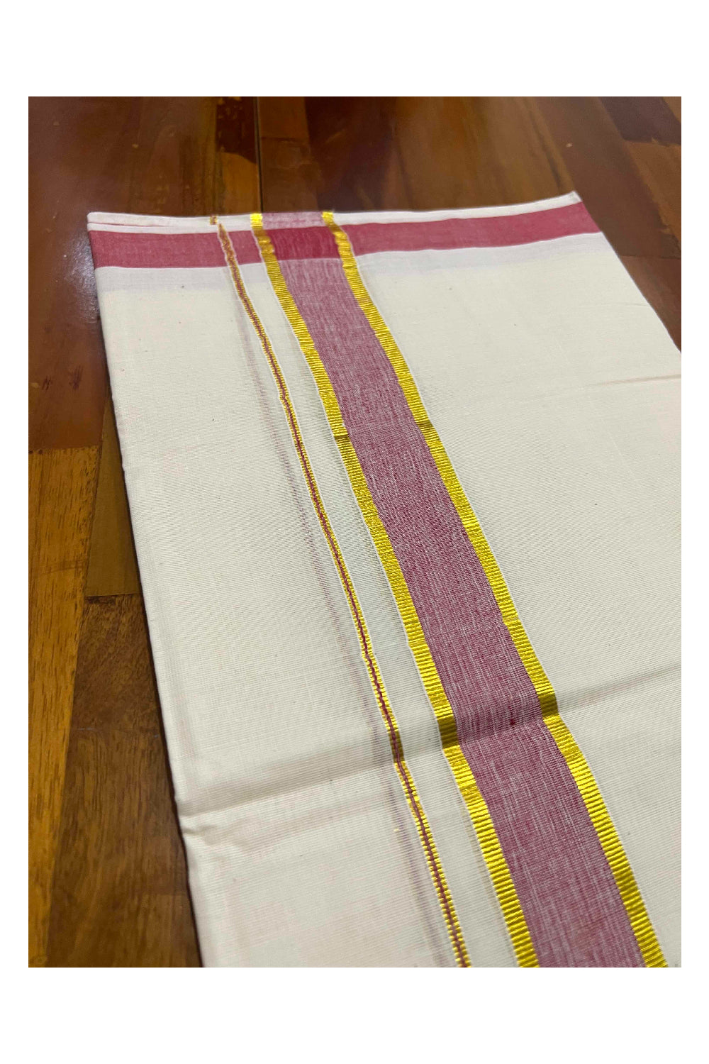 Off White Kerala Double Mundu with Kasavu and Dark Red Border (South Indian Dhoti)