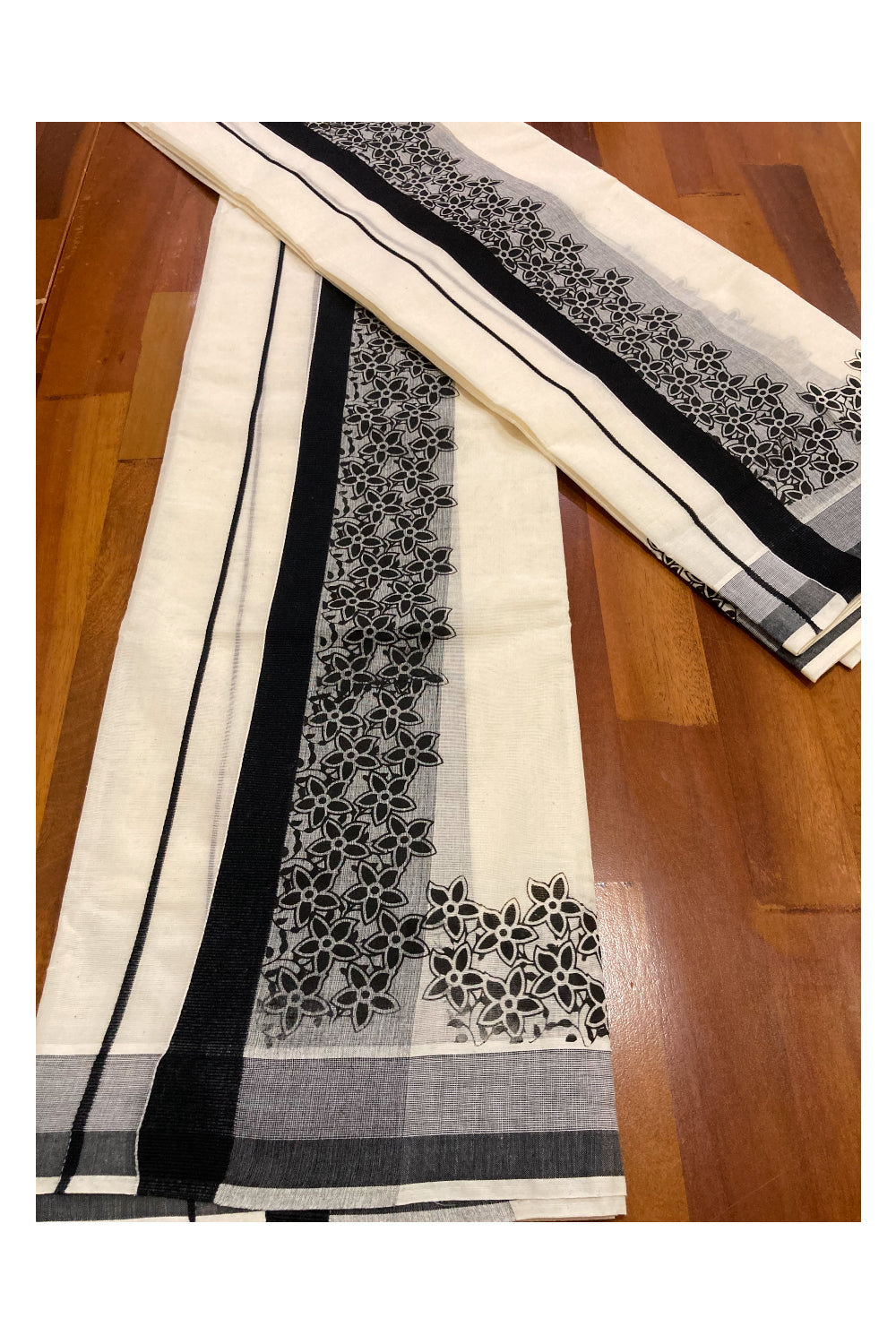 Kerala Cotton Set Mundu (Mundum Neriyathum) with Black Floral Block Prints on Border