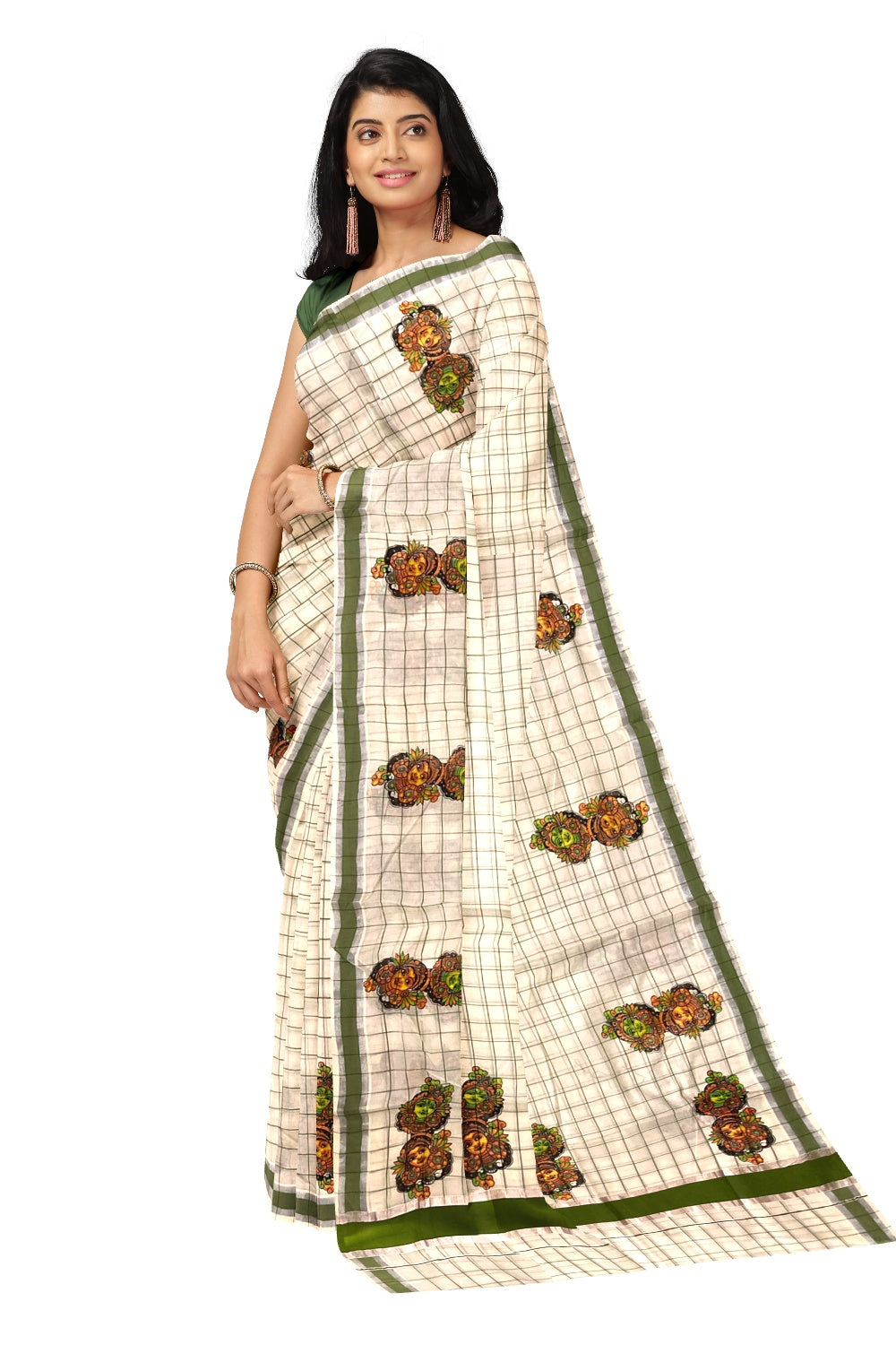Pure Cotton Green Check Design Kerala Saree with Krishna Radha Mural Prints and Silver Border