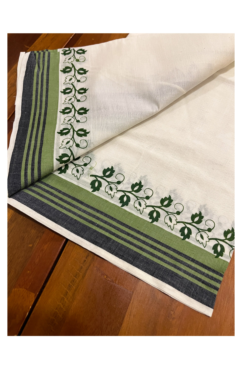 Kerala Cotton Set Mundu (Mundum Neriyathum) with Floral Prints on Green Black Border