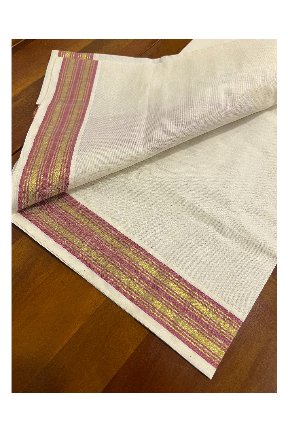 Kerala Cotton Mundum Neriyathum Single (Set Mundu) with Brick Red and Kasavu Border