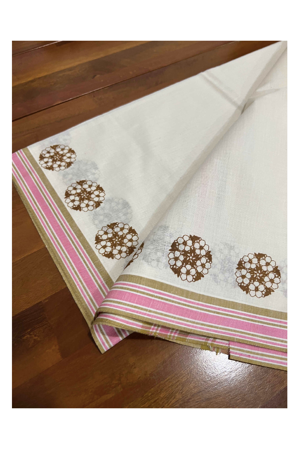 Kerala Cotton Mulloth Mundum Neriyathum Single (Set Mundu) with Pale Yellow Floral Block Print Border (Extra Soft Cotton)