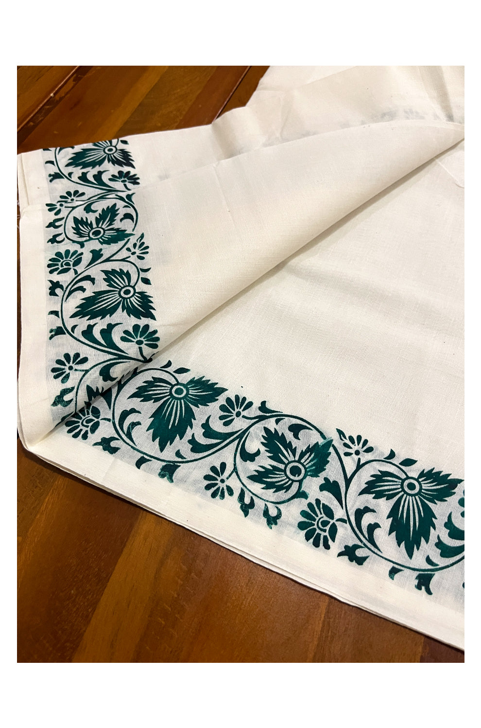 Kerala Cotton Set Mundu (Mundum Neriyathum) with Green Floral Block Prints on Border 2.80 Mtrs