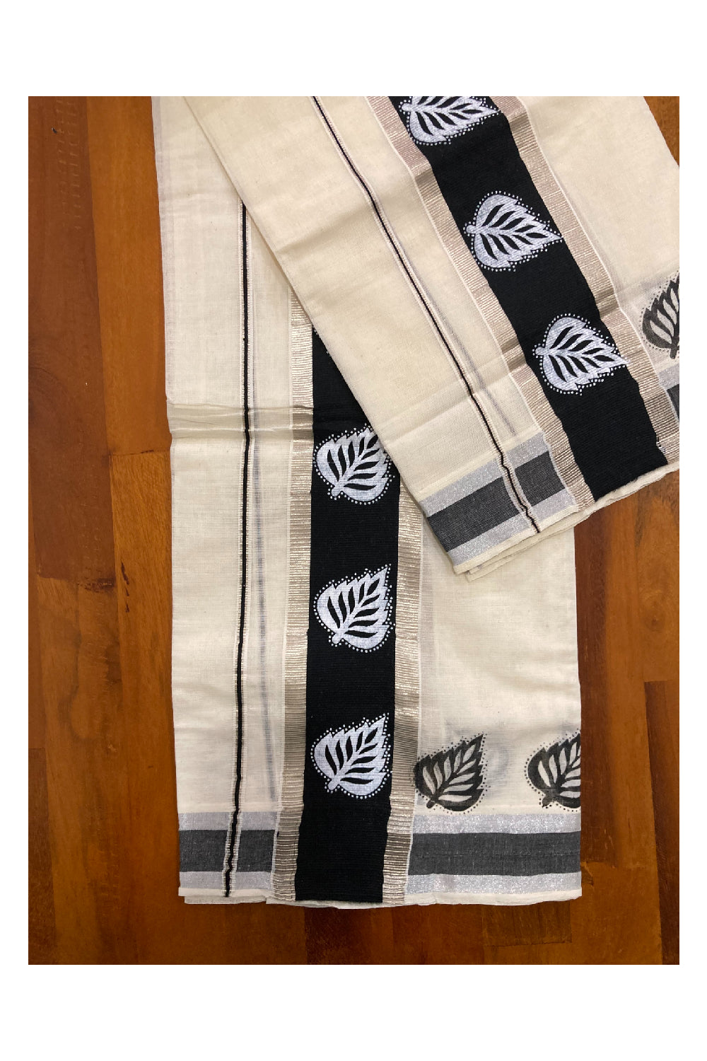 Single Set Mundu with Silver Kasavu and Black Kara with Block Prints (2.80 m, Mundum Neriyathum)