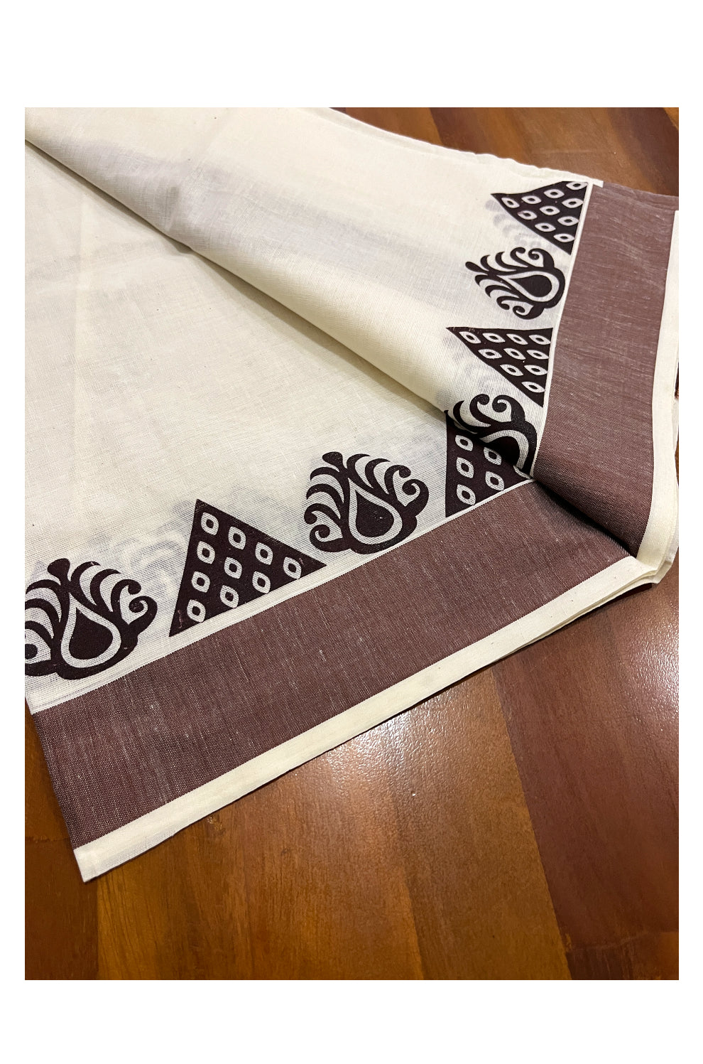 Kerala Cotton Set Mundu (Mundum Neriyathum) with Yellow Block Prints in Brown Border
