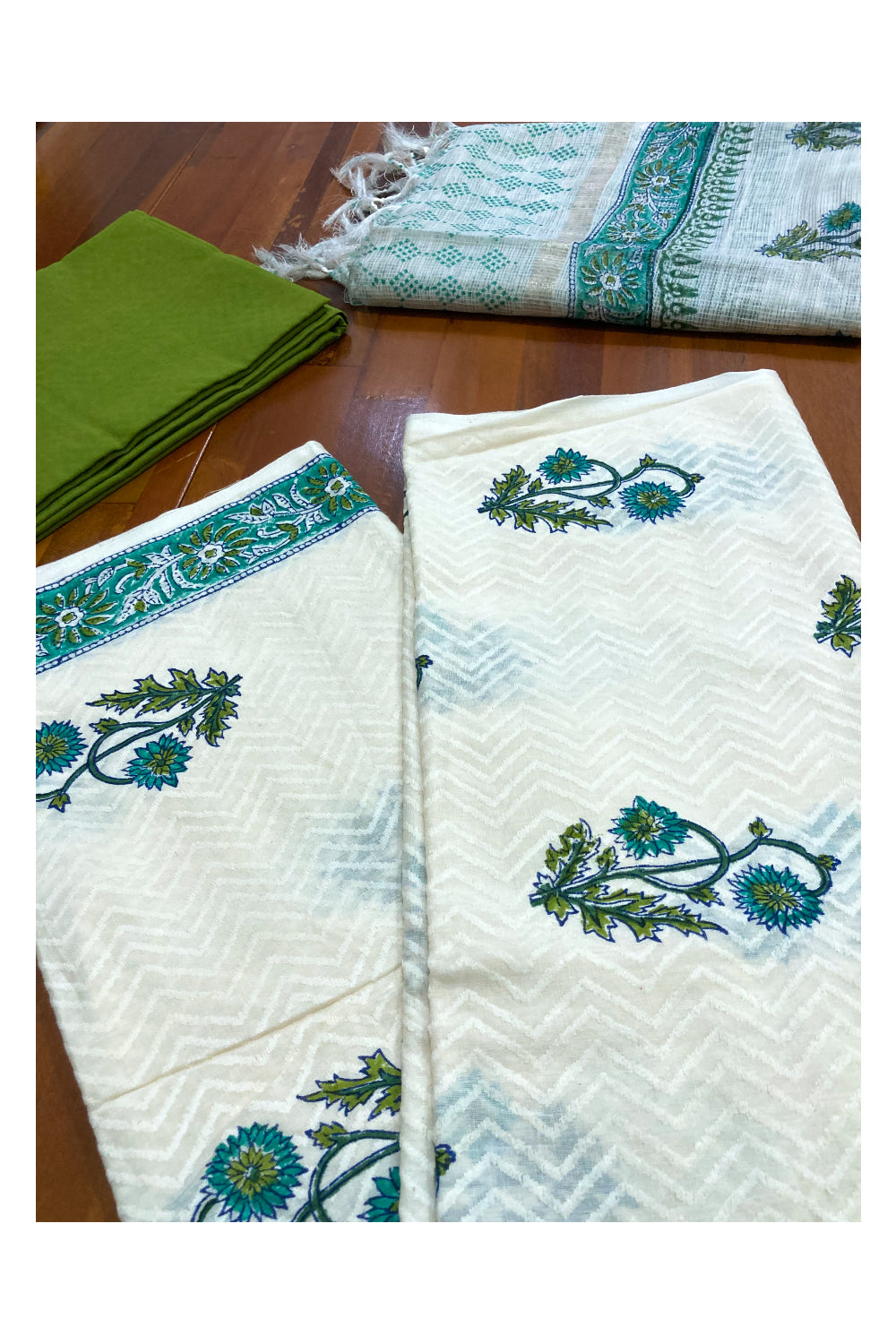 Southloom™ Cotton Churidar Salwar Suit Material in Off White with Green Floral Printed Design