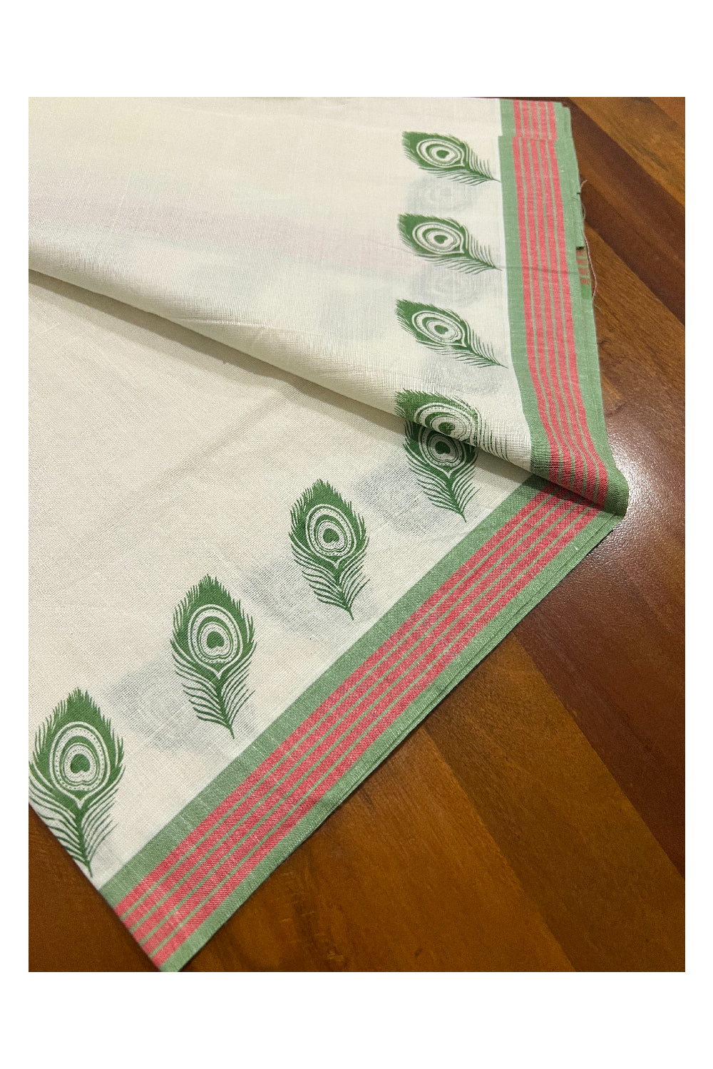 Pure Cotton Set Mundu (Mundum Neriyathum) with Green Feather Block Prints on Red and Green Border