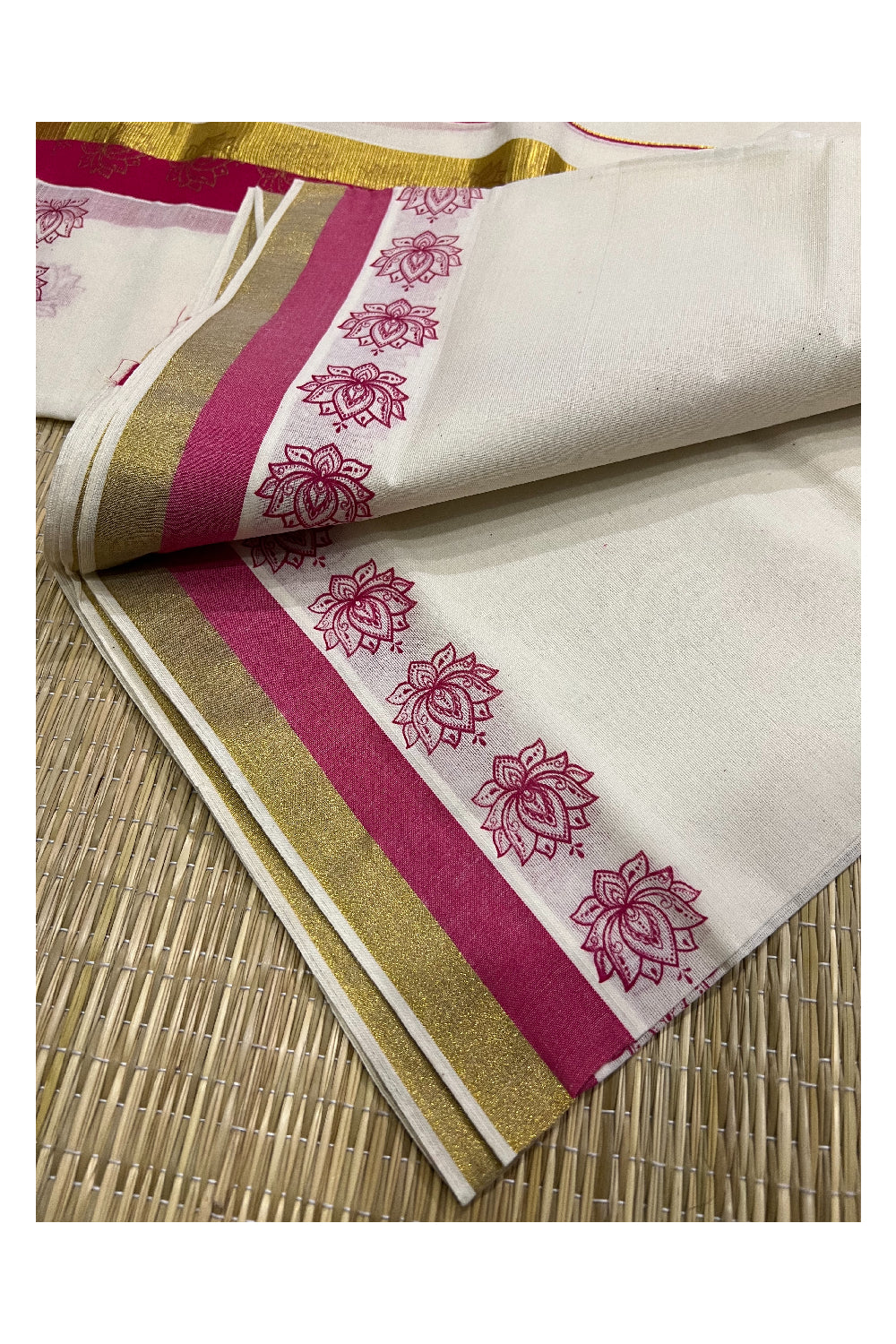 Kerala Cotton Kasavu Set Mundu (Mundum Neriyathum) with Dark Pink Floral Block Prints on Border 2.80 Mtrs