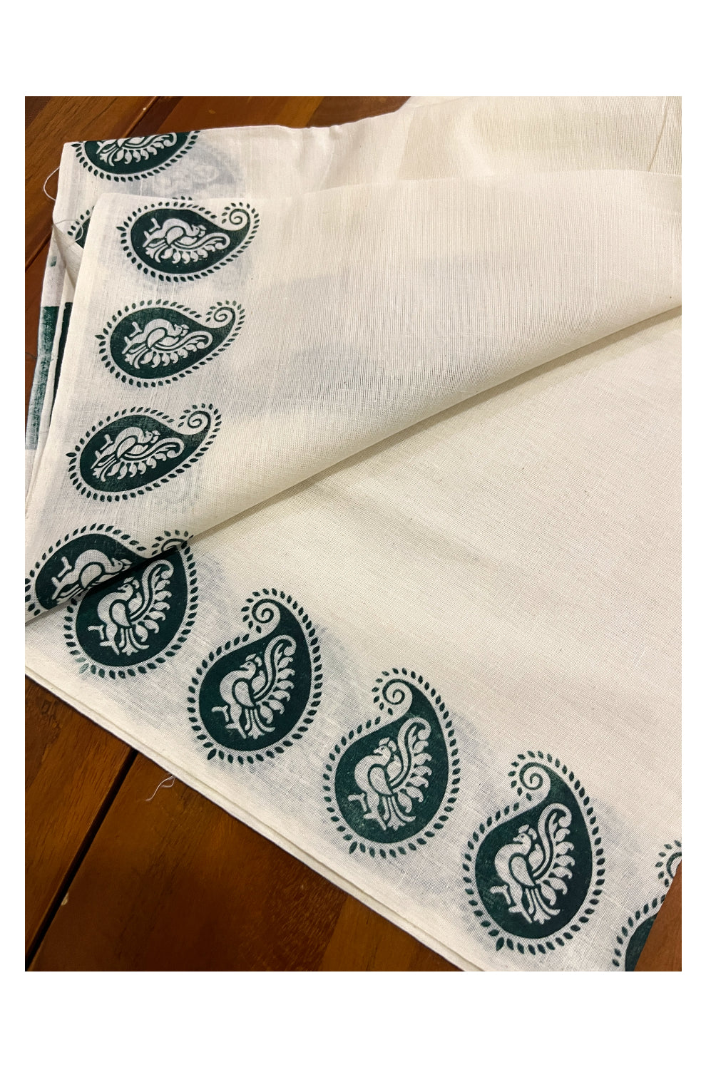 Kerala Cotton Set Mundu (Mundum Neriyathum) with Golden Paisley Block Prints on Green Border 2.80 Mtrs