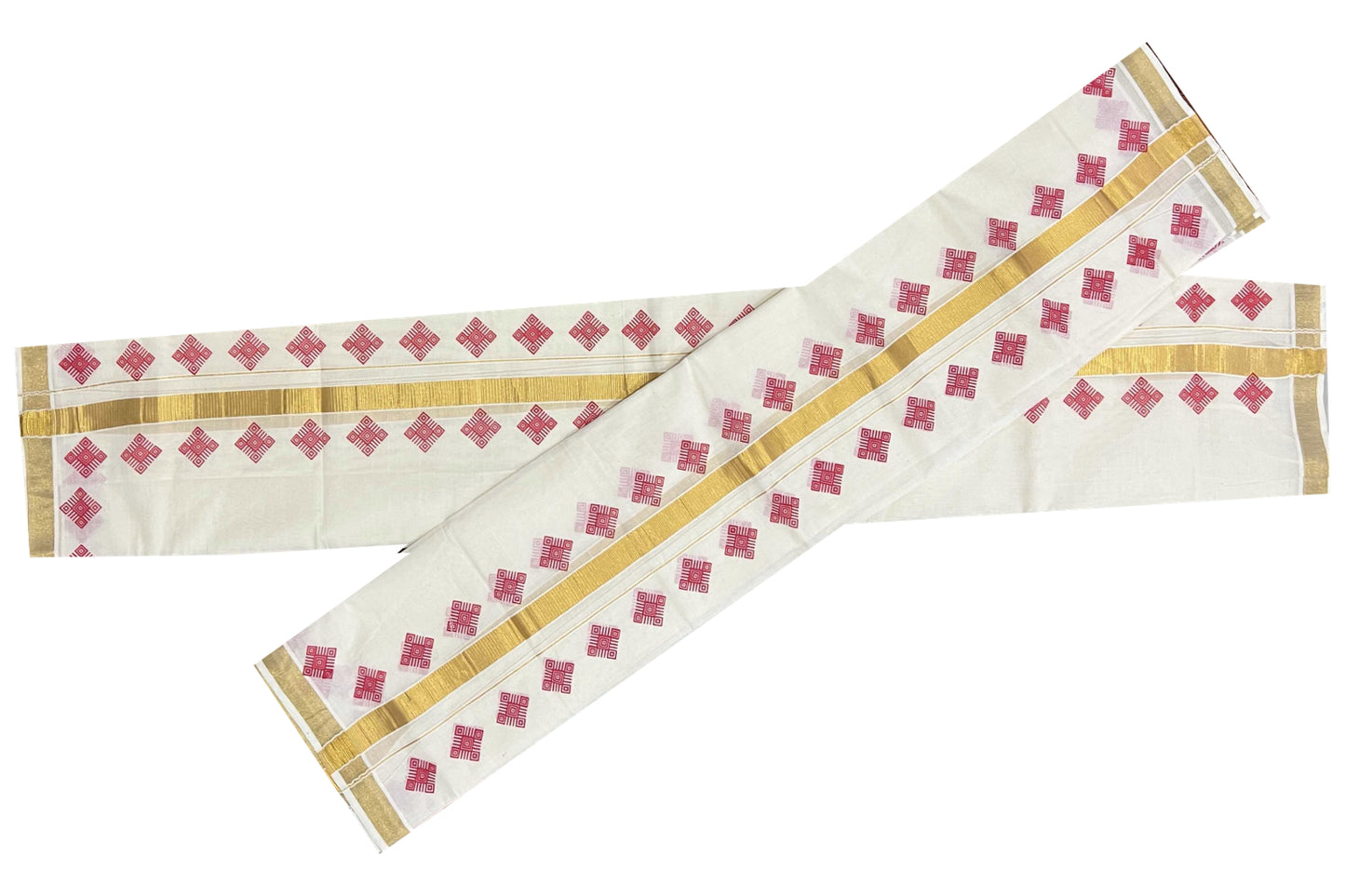 Kerala Cotton Kasavu Set Mundu (Mundum Neriyathum) with Red Block Prints on Border