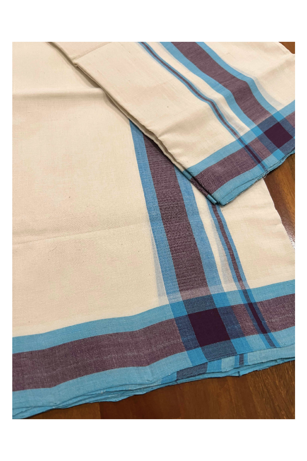 Southloom™ Unakkupaavu Premium Handloom Single Mundum Neriyathum (Set Mundu) with Blue and Purple Border