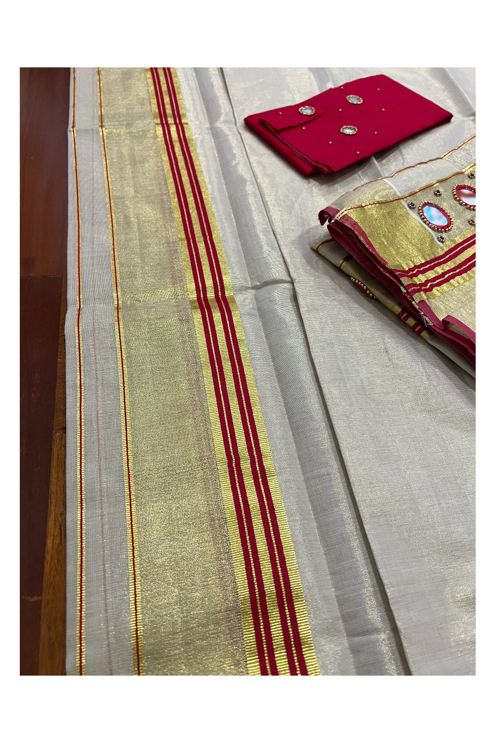 Kerala Tissue Kasavu Set Mundu (Mundum Neriyathum) with Red Border and Mirror Bead Handwork Design 2.80 Mtrs (Include Blouse Piece)