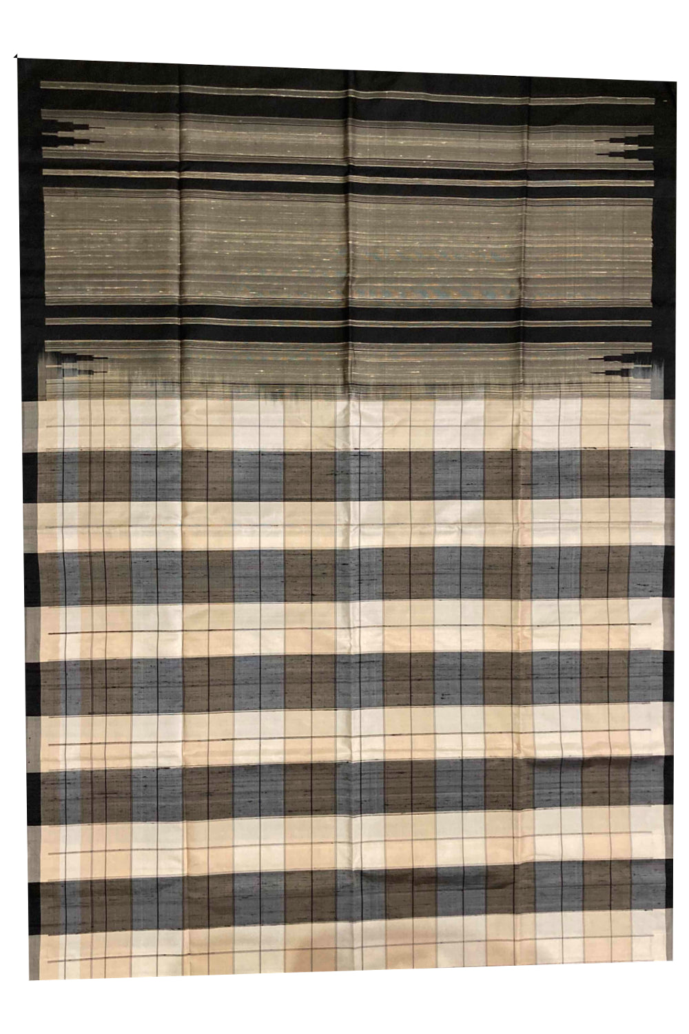 Southloom Handloom Pure Silk Kanchipuram Saree in Grey and Cream Checkered Body