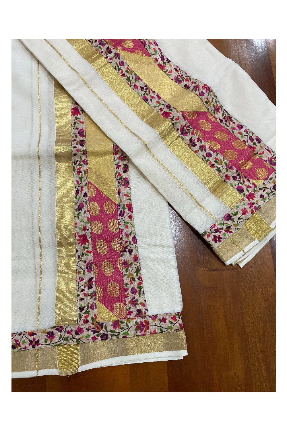 Kerala Cotton Fusion Art Set Mundu (Mundum Neriyathum) with Kasavu and Floral Figures on Beige Border 2.80 Mtrs