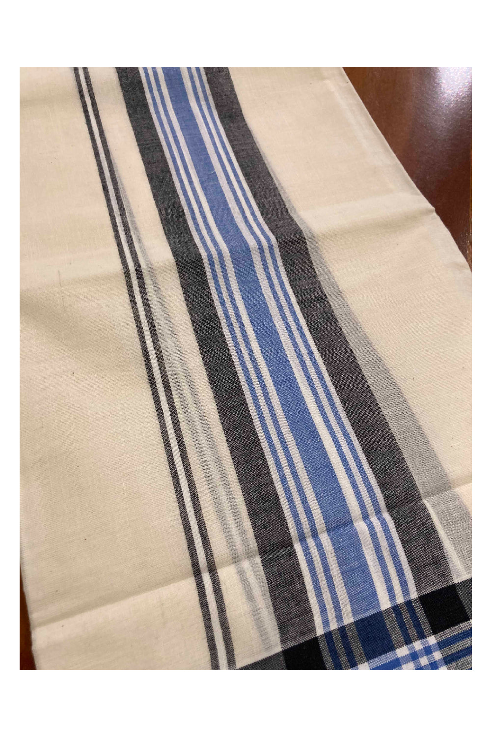 Kerala Cotton Mundum Neriyathum Single (Set Mundu) with Mulloth Design Black and Blue Border (Extra Soft Cotton)
