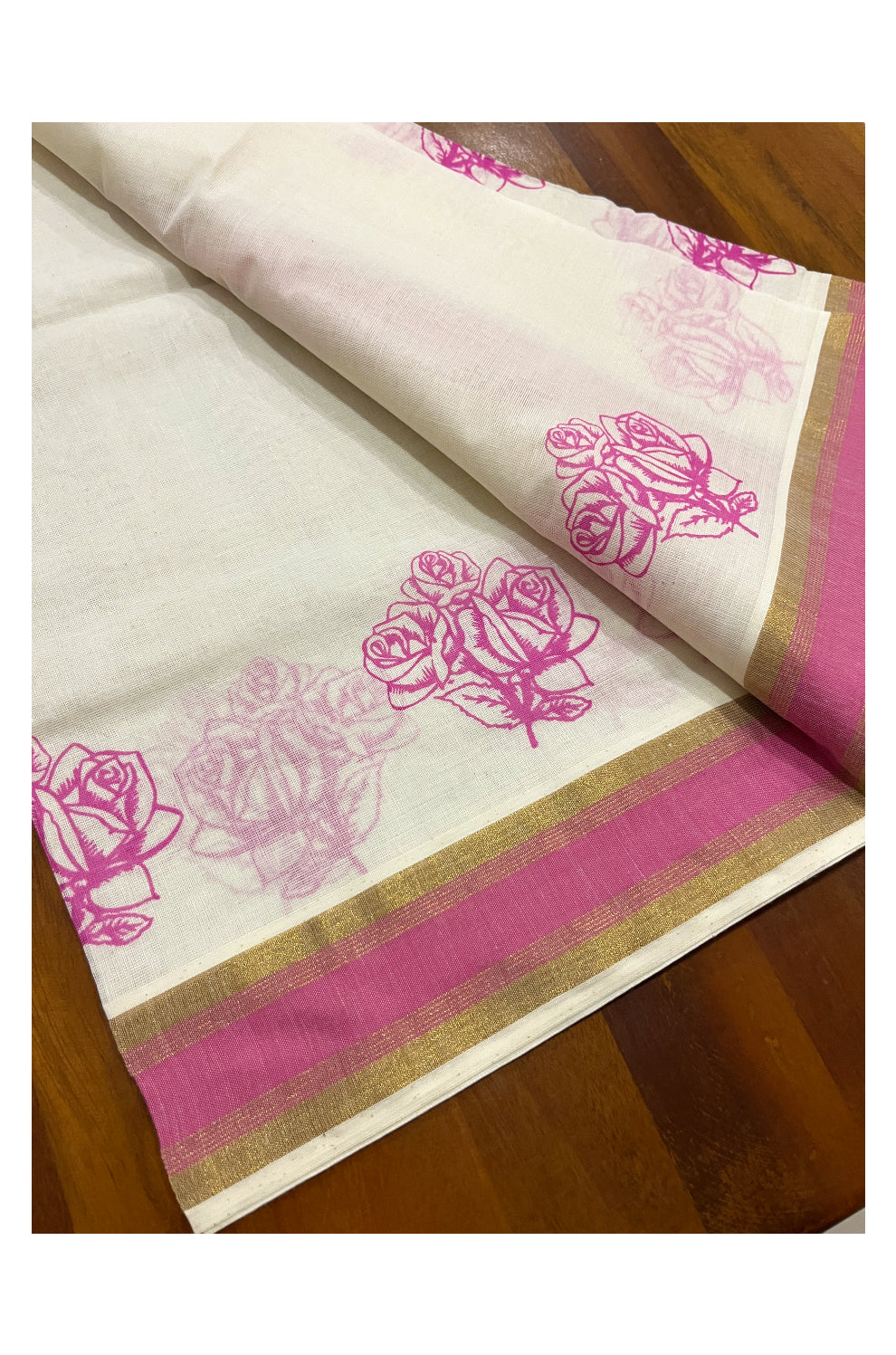 Pure Cotton Kasavu Single Set Mundu (Mundum Neriyathum) with Pink Floral Block Prints