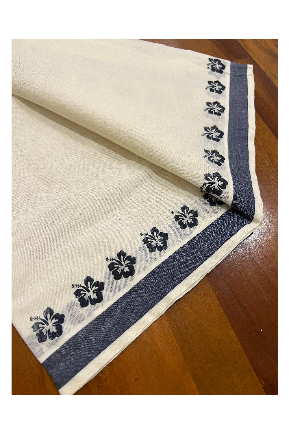 Pure Cotton Set Mundu (Mundum Neriyathum) with Navy Blue Floral Block Prints on Border