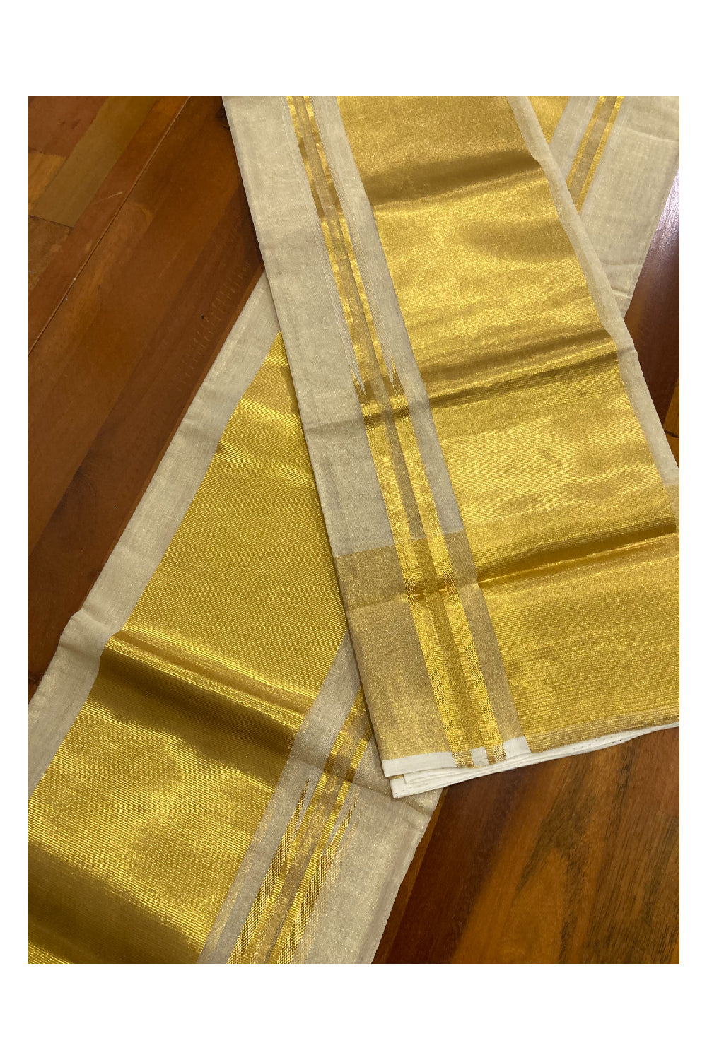 Southloom Handloom Tissue Kasavu Premium Double Set Mundu with Plain Body (5 inch Border and Kara)