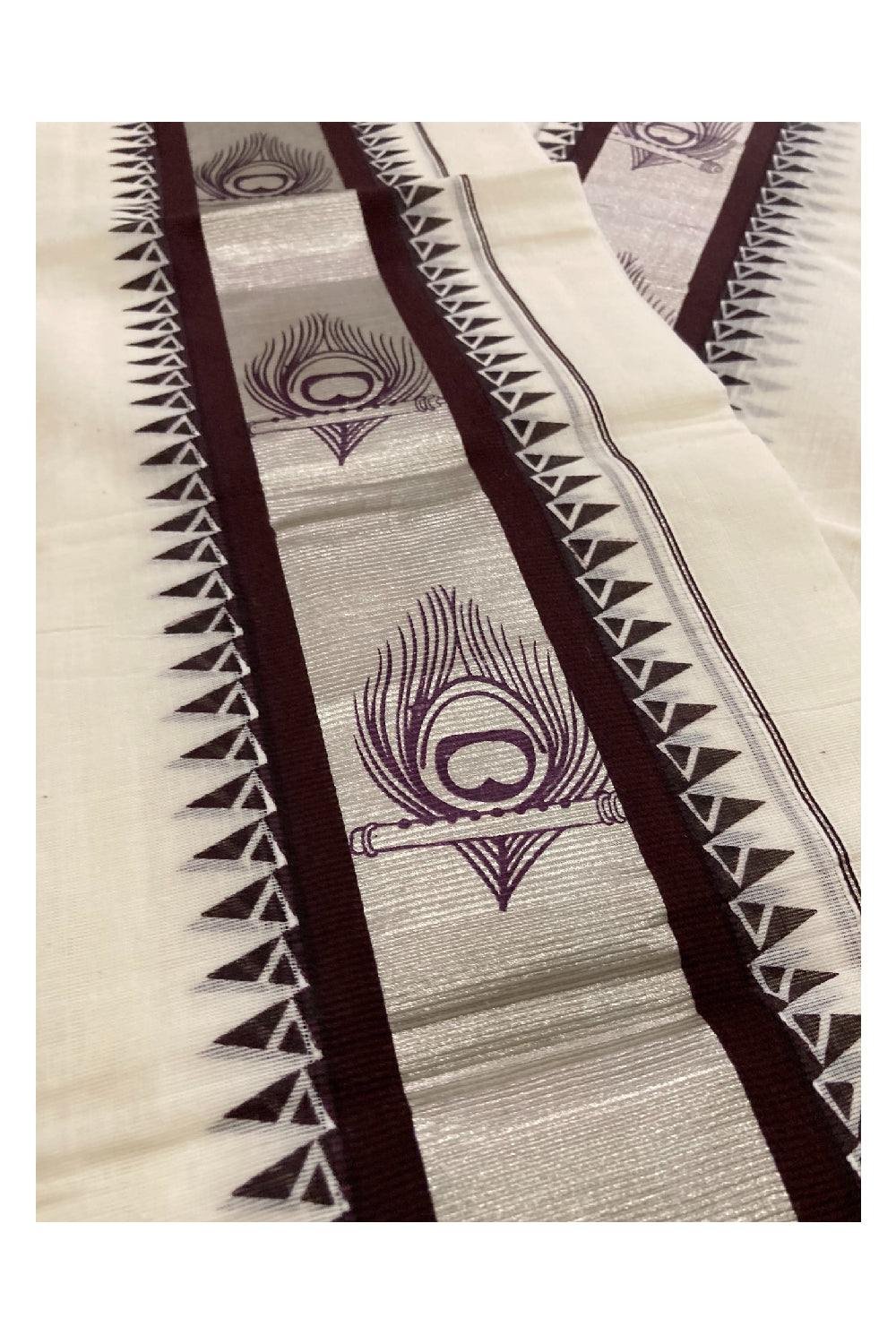 Single Set Mundu in Silver and Brown Kara with Hand Block Prints (2.80 m)