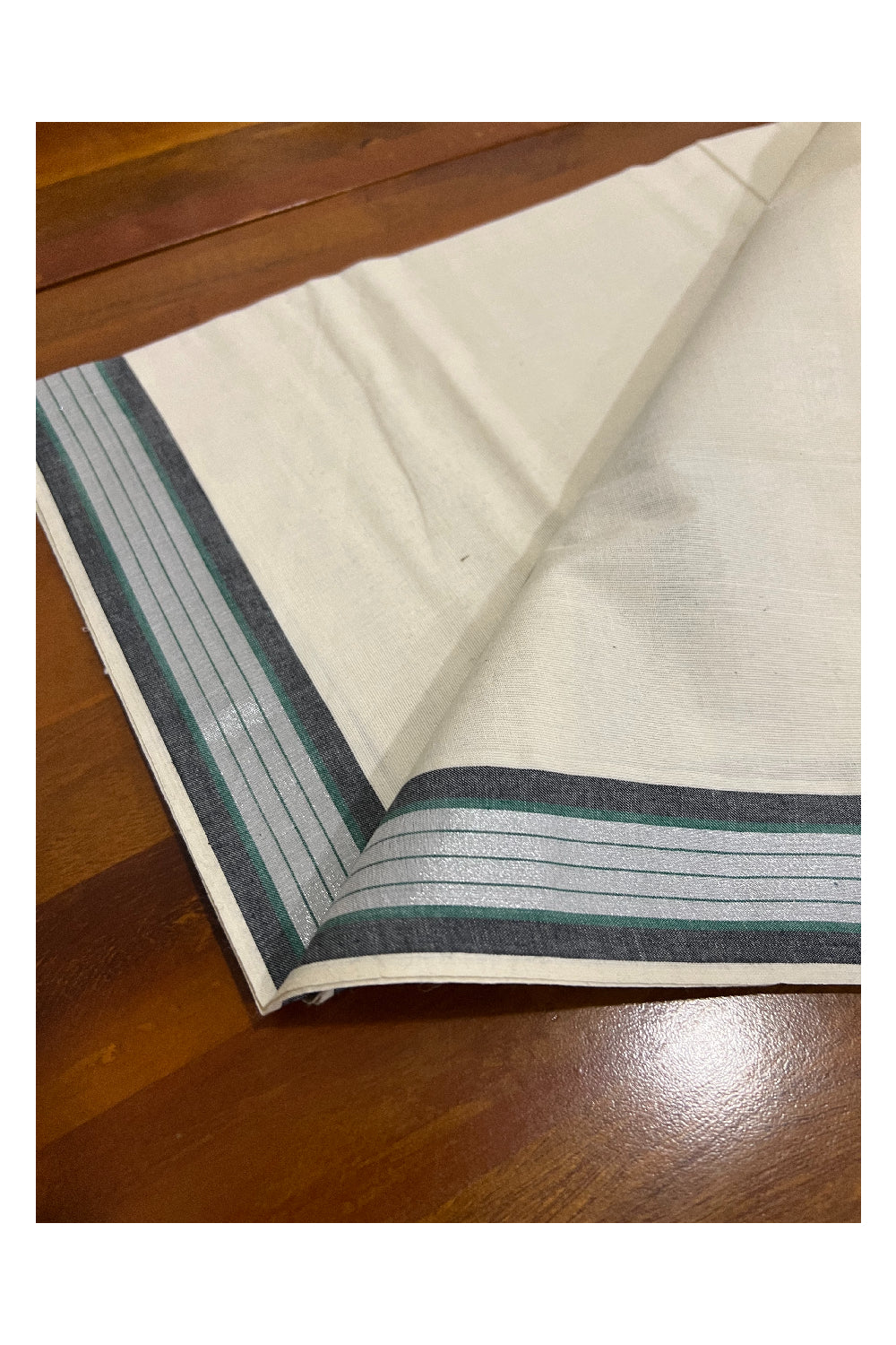 Pure Cotton Mundum Neriyathum Single (Set Mundu) with Silver Kasavu Black and Dark Green Border 2.80 Mtrs