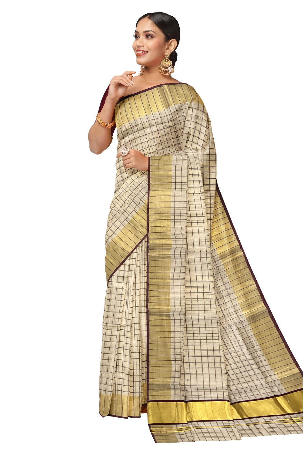 Southloom Premium Handloom Tissue Check Design Saree with Maroon and Kasavu Border