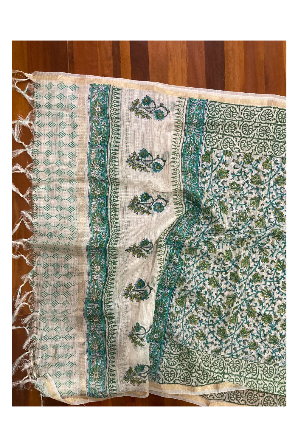 Southloom™ Cotton Churidar Salwar Suit Material in Off White with Green Floral Printed Design