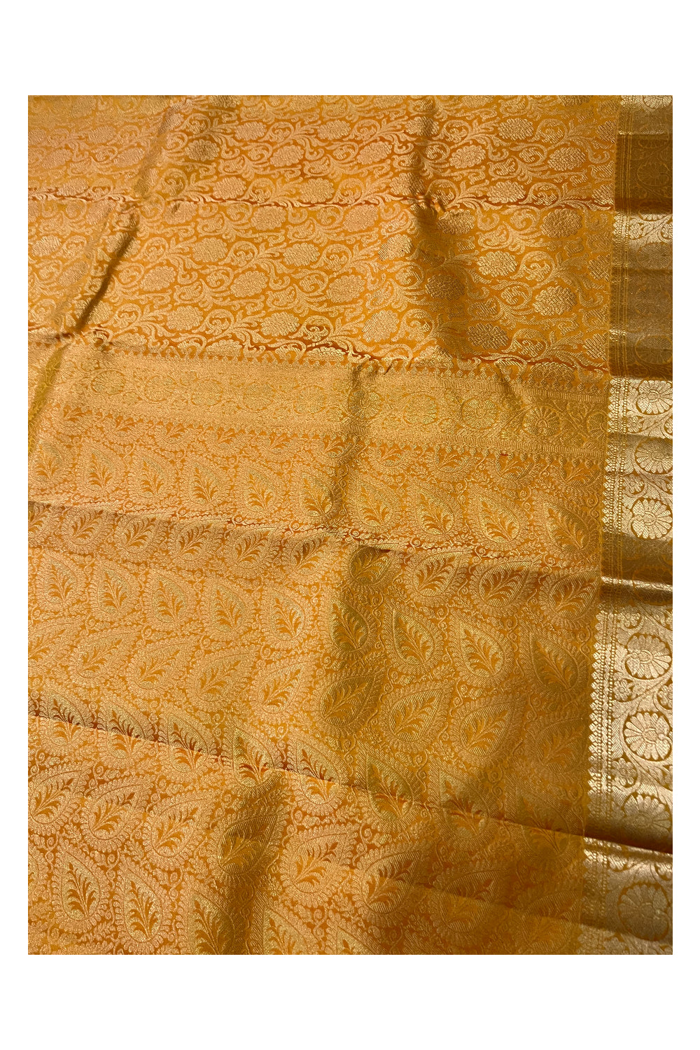 Southloom Double Warp Handloom Pure Silk Kanchipuram Yellow Manthrakodi Saree with Kasavu Woven Works