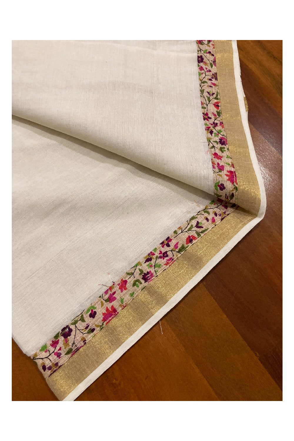 Kerala Cotton Fusion Art Set Mundu (Mundum Neriyathum) with Kasavu and Floral Figures on Beige Border 2.80 Mtrs