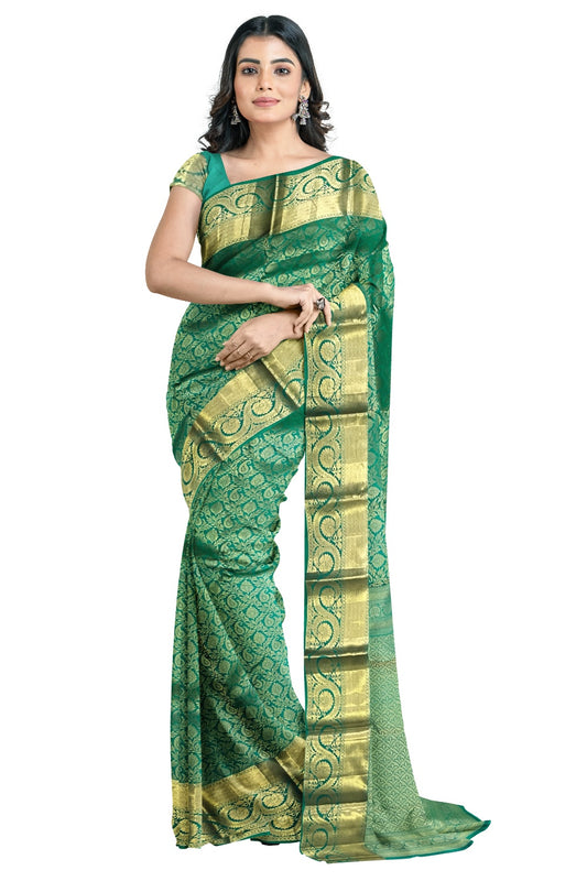 Southloom Double Warp Handloom Pure Silk Kanchipuram Green Manthrakodi Saree with Kasavu Woven Works