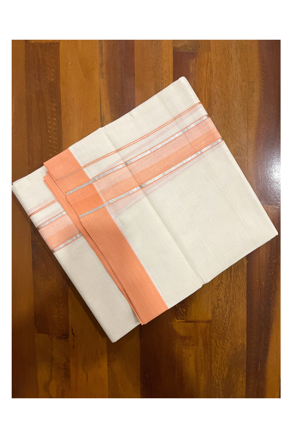 Pure Cotton Off White Double Mundu with Silver Kasavu and Peach Border (South Indian Dhoti)