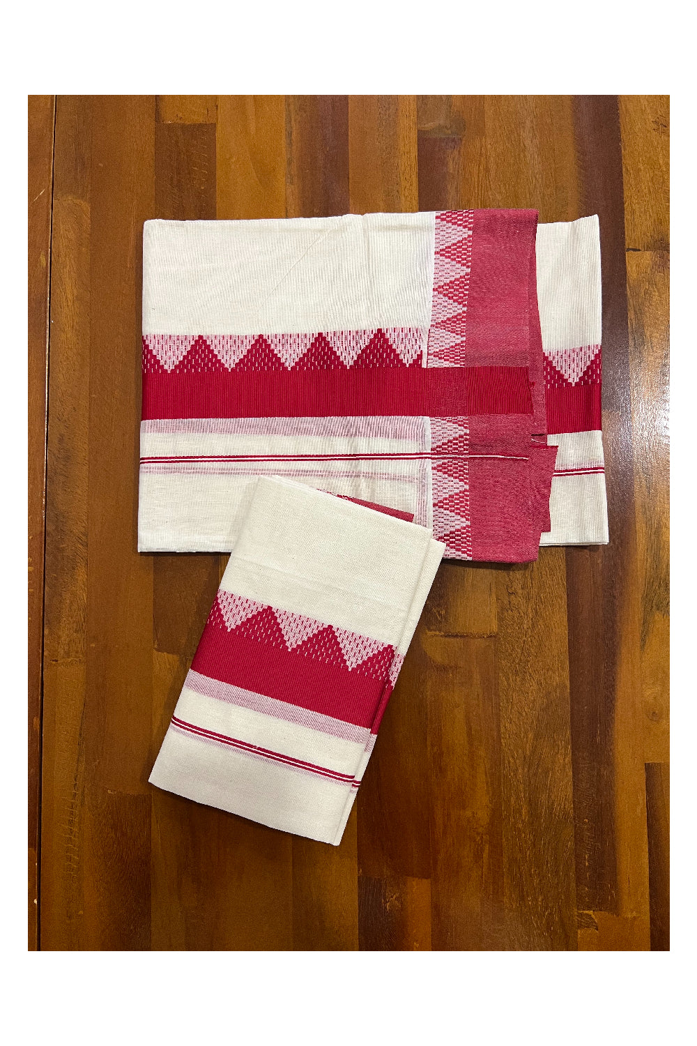 Kerala Cotton Mundum Neriyathum Single (Set Mundu) with Red Temple Woven Border