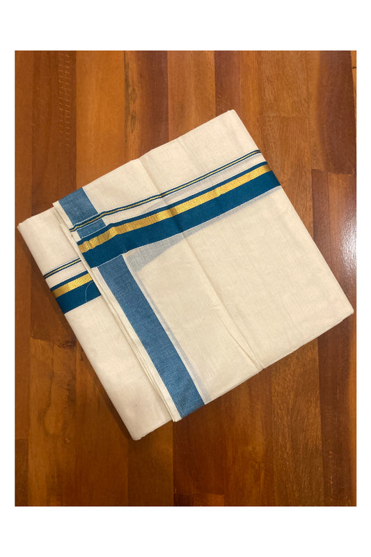 Pure Cotton Double Mundu with Teal Blue and Kasavu Border (South Indian Dhoti)