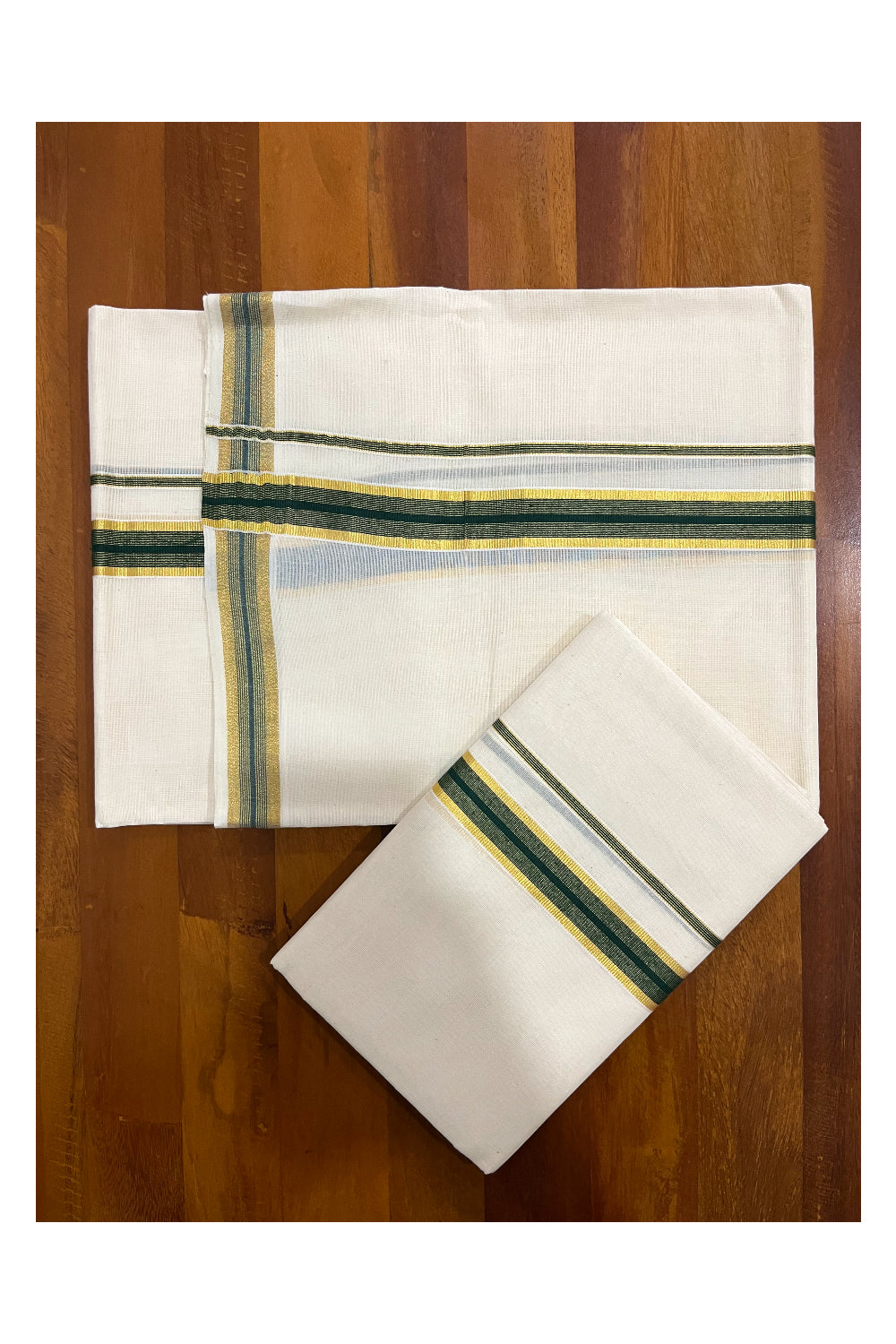 Pure Cotton Kerala Single Set Mundu (Mundum Neriyathum) with Dark Green Kasavu Border 2.80 Mtrs