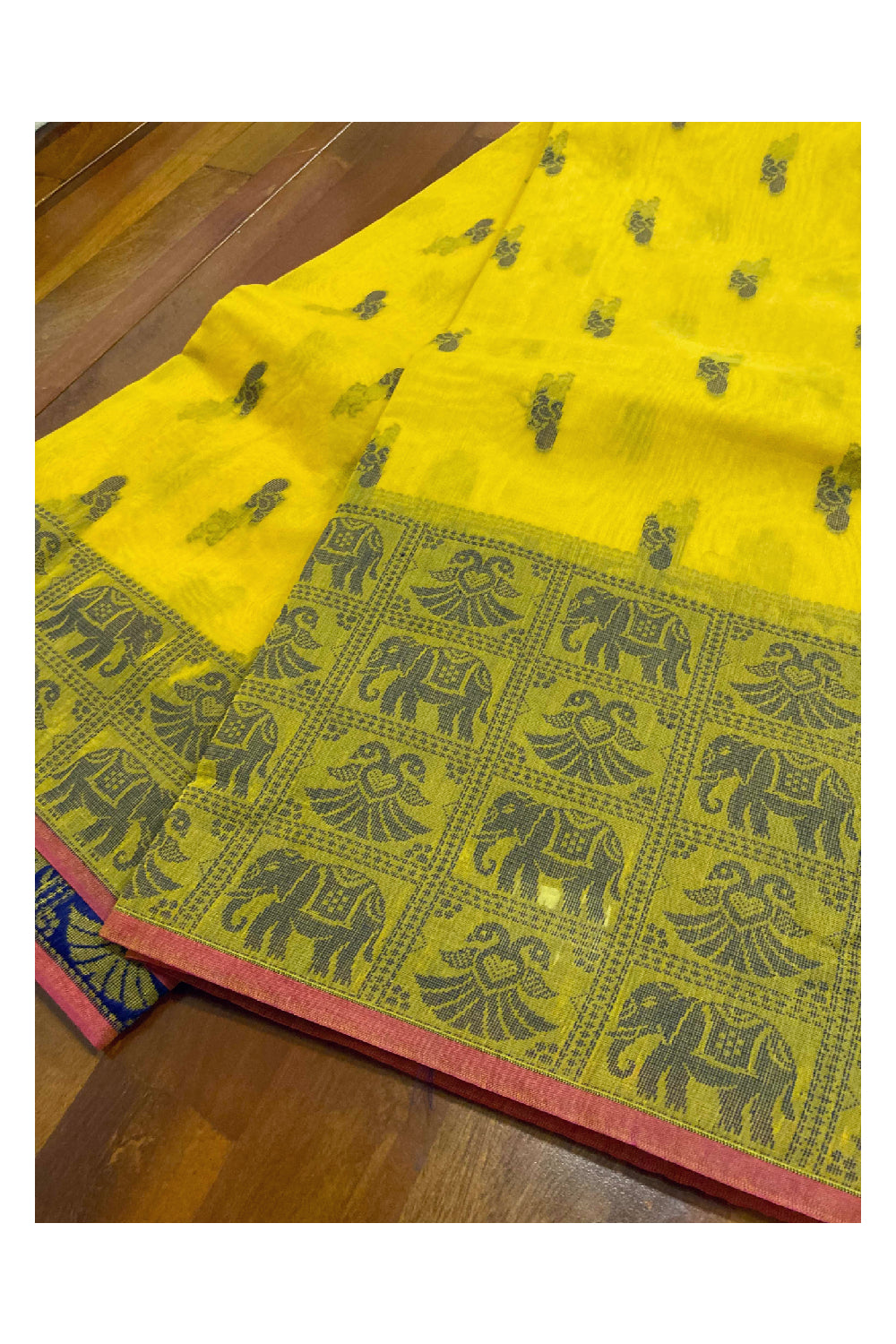 Southloom Sico Gadwal Semi Silk Saree in Mustard Yellow and Olive Green with Elephant Motifs (Blouse Piece with Work)