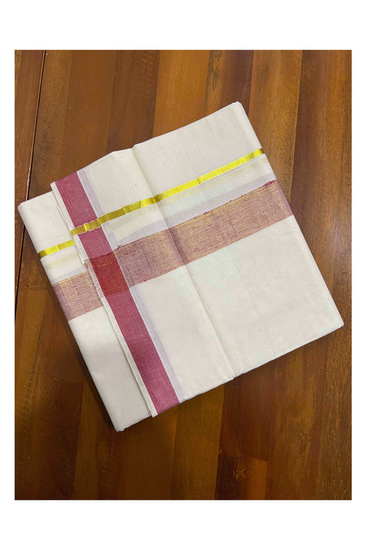 Off White Kerala Double Mundu with Dark Red and Kasavu Line Border (South Indian Dhoti)